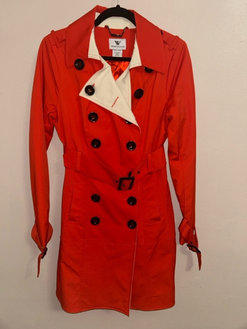 Worthington coral Trench pea Coat with Cream Lapel